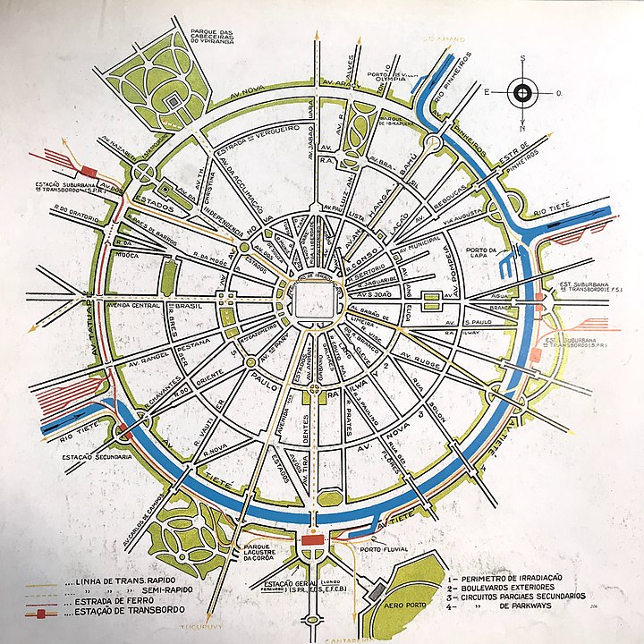 A estrutura teórica do Plano de Avenidas de Prestes Maia. Um grande círculo formado pelos rios e avenidas, com ruas e avenidas saindo do centro.