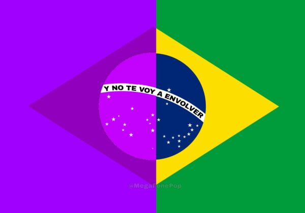 Bandeira do brasil sendo metade original, metade escrito "y no te voy a envolver"