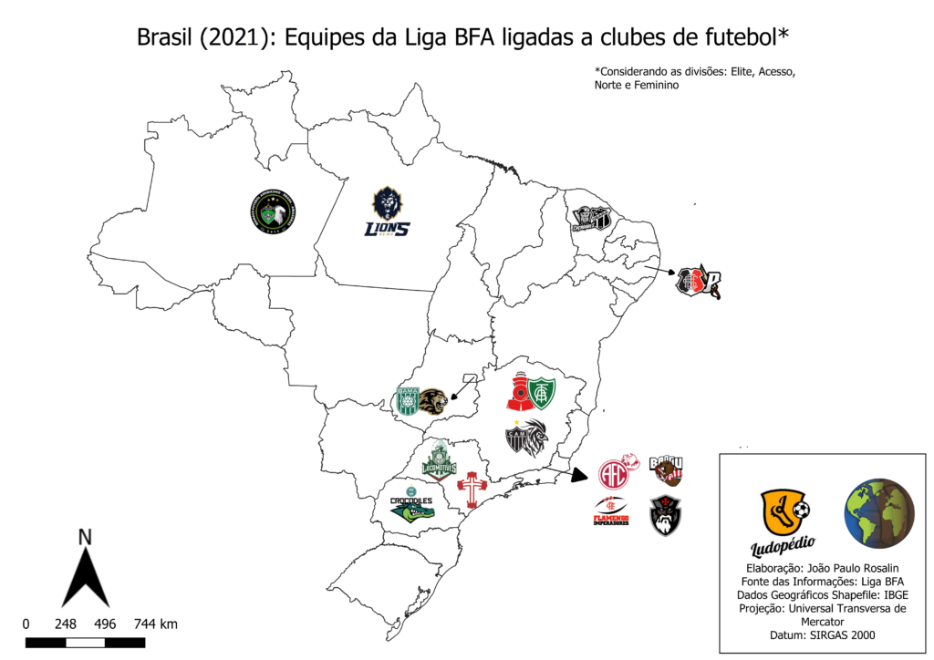 Brasil (2021): Equipes da Liga BFA ligadas a clubes de futebol. Elaborado por: João Paulo Rosalin. Fonte: Liga BFA.