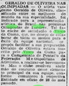 Matéria falando da satisfação do Vasco em ter Geraldo de Oliveira nos Jogos Olímpicos de 1948 (Foto: Jornal dos Sports)