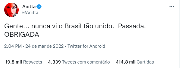 Um tweet da cantora Anitta dizendo que "Gente... nunca vi o Brasil tão unido" 